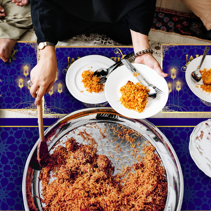 7PCS Eid Mubarak Table Runner and Placemats Ramadan Table Runner Table Mats Golden Star Moon Lantern Ramadan Decor Sets Eid Al-Fitr Ramadan Mubarak Party Home Dinning Room Table Decorations