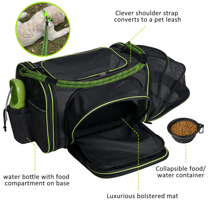 - 4 Side Expandable Pet Carrier for Cats and Small Dogs - with Pet Leash, Travel Water Bottle and Collapsible Container - TSA Airline Approved - Soft-Sided Large Cat Carrier