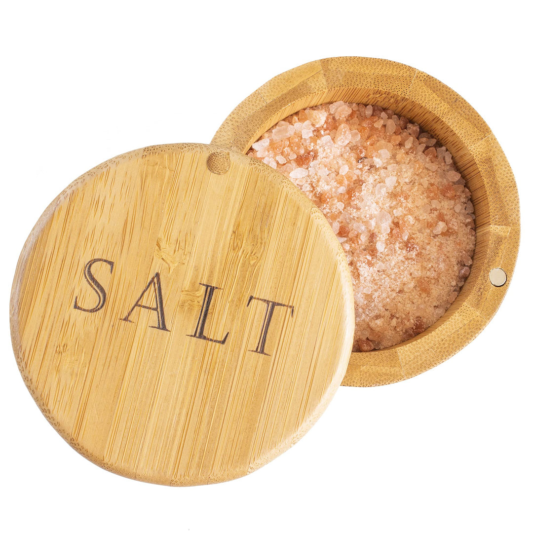 Salt Cellar Bamboo Storage Box with Magnetic Swivel Lid, 6 Ounce Capacity, Salt Engraved on Lid