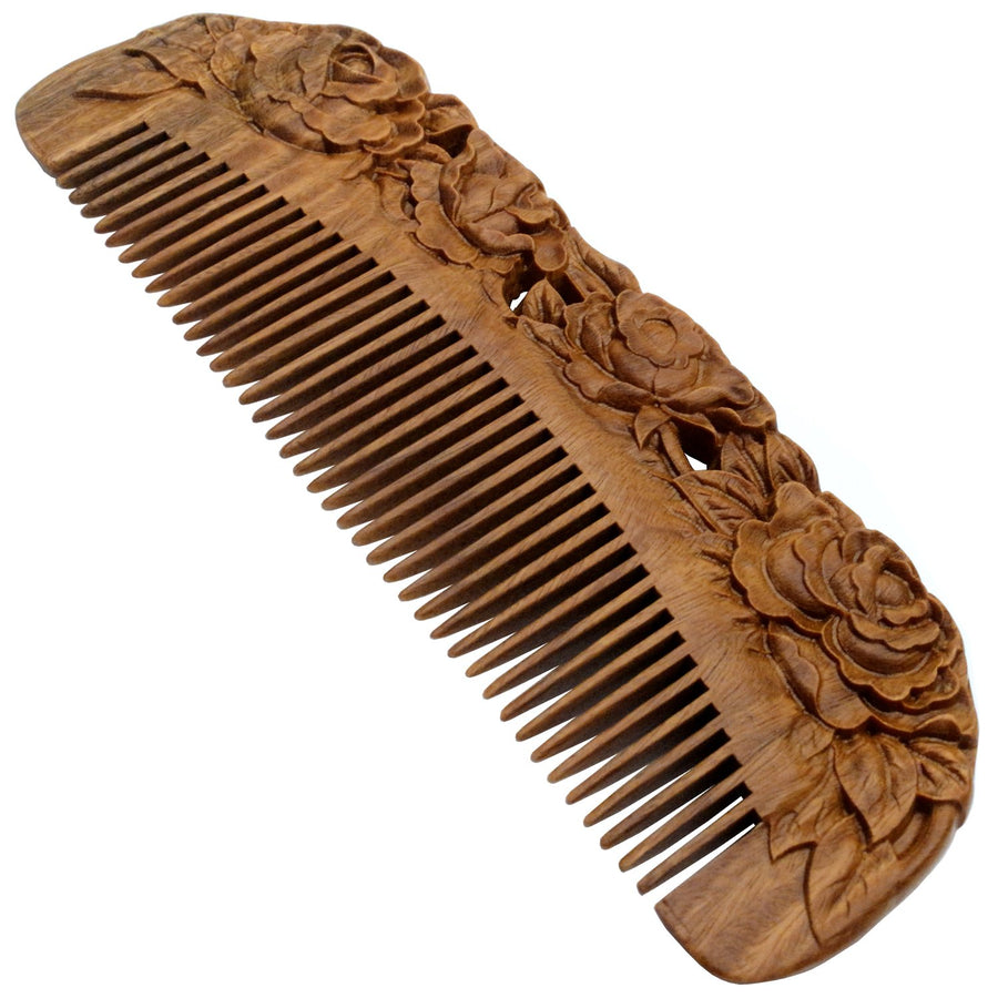 Handmade Carved Natural Sandalwood Hair Comb - Anti-static No Snag Brush for Men's Mustache Beard Care Anti Dandruff Women Girls Head Hair Accessory (HC1006)