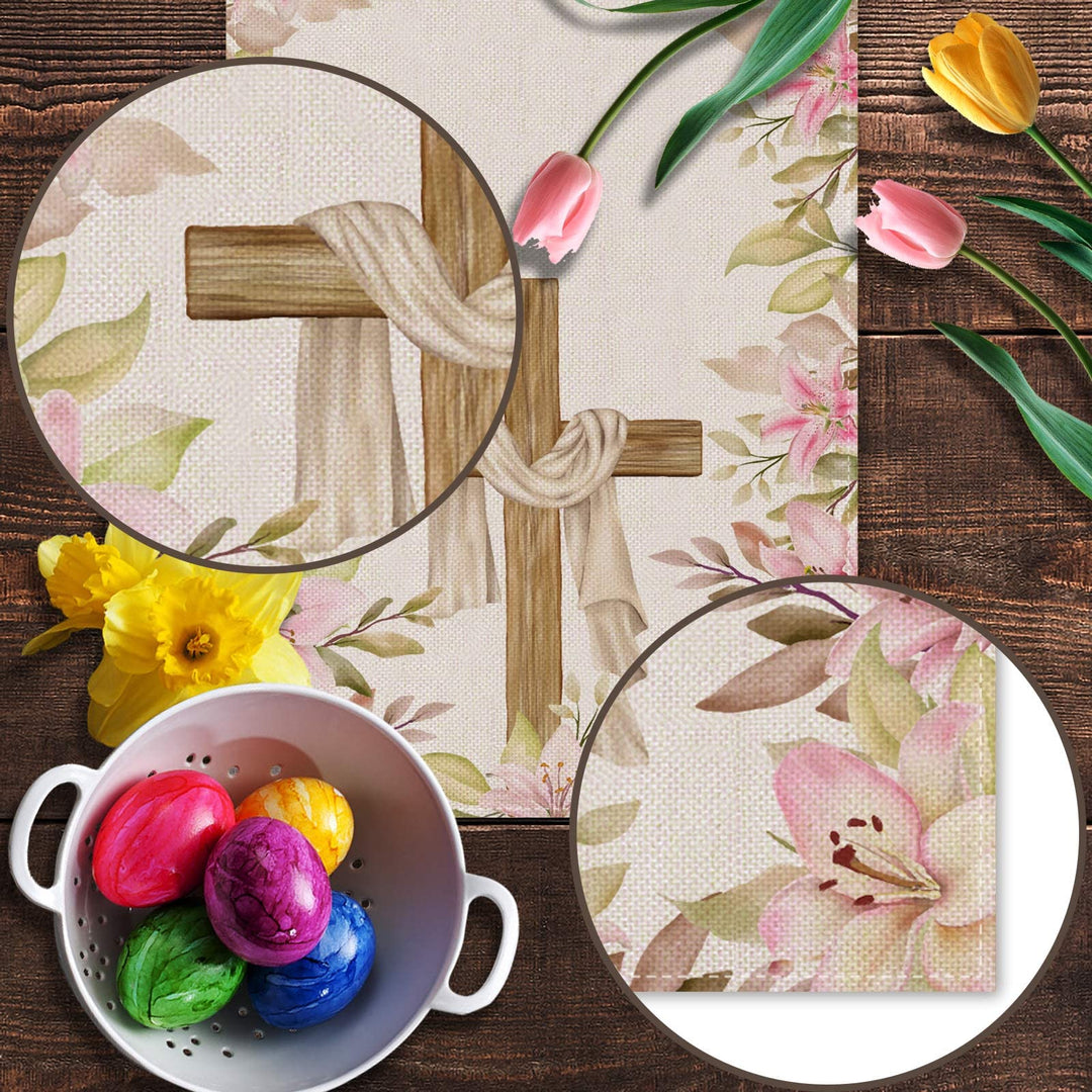 He is Risen Table Runner Easter Christian Cross Resurrection Lily Spring Holiday Party Kitchen Dining Home Decoration (13 x 72)