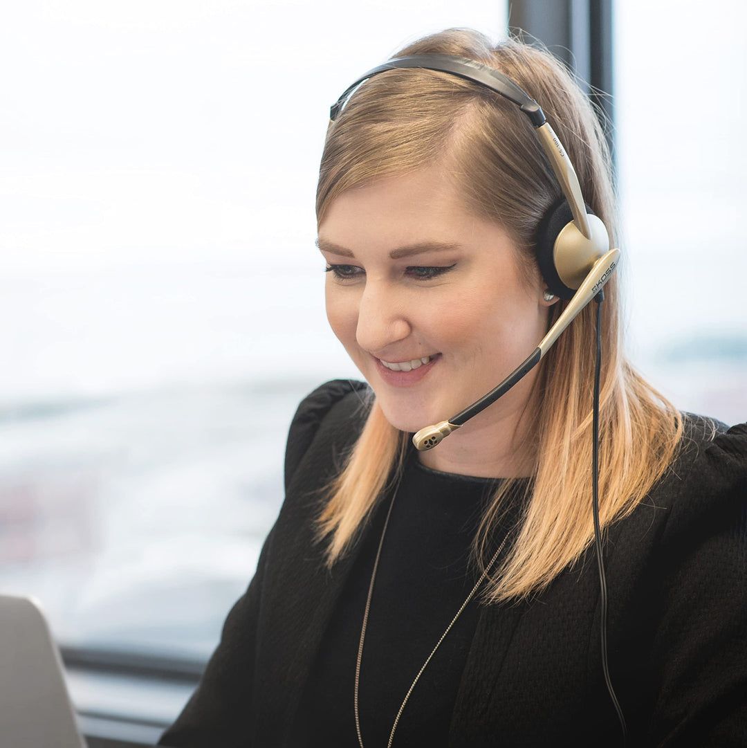 CS100 USB Double Sided On-Ear Headset with Boom Microphone, Lightweight Design, Black and Beige