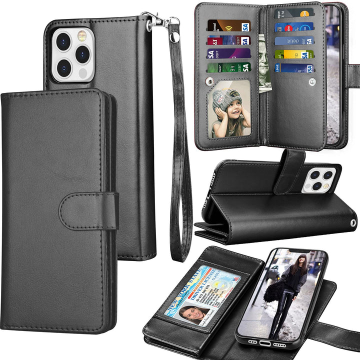 Wallet Case Compatible with iPhone 13 (6.1 inch) 2021 Luxury ID Cash Credit Card Slots Holder Carrying Pouch Folio Flip PU Leather Cover [Detachable Magnetic Hard Case] with Strap [Black]