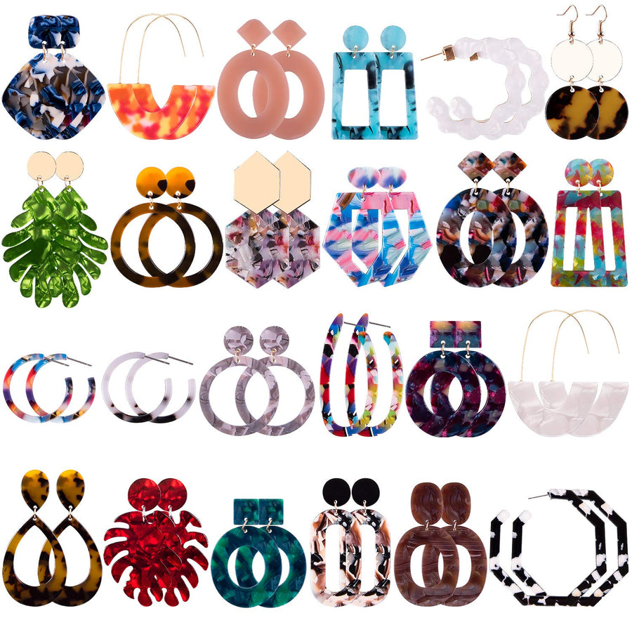 24 Pairs Mottled Acrylic Earrings Resin Drop Dangle Earring Hoop Statement Earrings Polygonal Bohemian Fashion Jewelry Earrings for Women