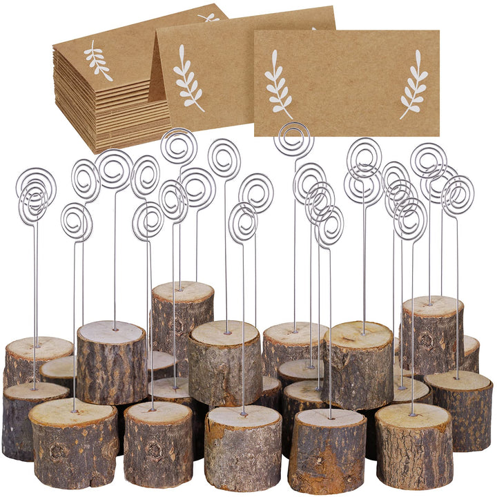 30 Pcs Rustic Wood Place Card Holders with Swirl Wire Wooden Bark Memo Holder Stand Card Photo Picture Note Clip Holders 5.8 and Kraft Place Cards Bulk for Wedding Party Table Number Name Sign