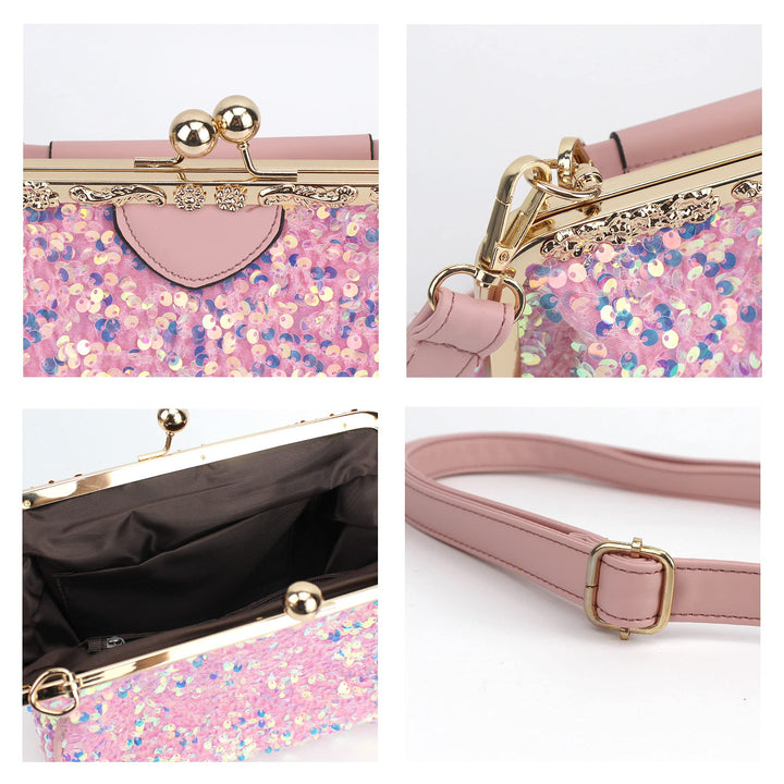 Women Small Glitter Sequins Cross-body Bag with PU Leather Strap Top-Handle Bag Kiss Lock