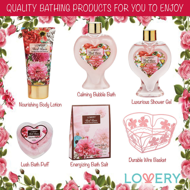 Christmas Gifts From Daughter &amp; Son - Home Spa Gift Basket for Women - Red Rose Scent - Luxury Bath &amp; Body Set with Shower Gel, Bubble Bath, Body Lotion, Bath Salt, Shower Puff and Wired Heart Basket