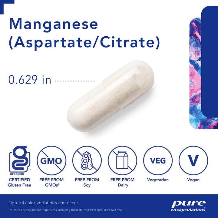 Manganese (Aspartate/Citrate) | Hypoallergenic Trace Mineral Supplement for Connective Tissue and Bones | 60 Capsules