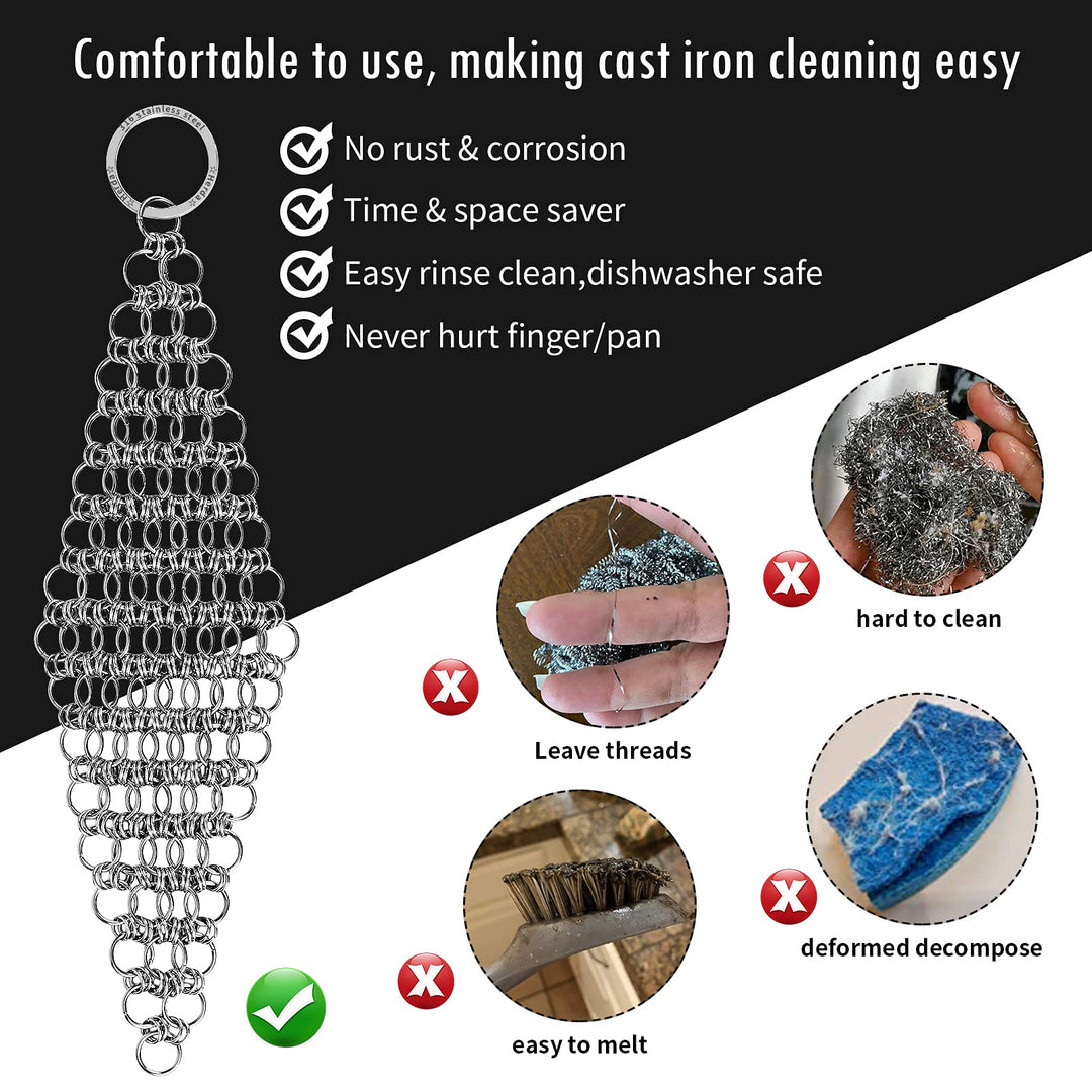 2Pack 4.5inch Stainless Steel Cast Iron Cleaner, Chainmail Scrubber for Pre-Seasoned Pan Pot, Iron Skillet Chain Link Cleaning, Clean Dutch Ovens, Waffle Grills &amp; Griddle Pan Easily, Metal Scrub Tool