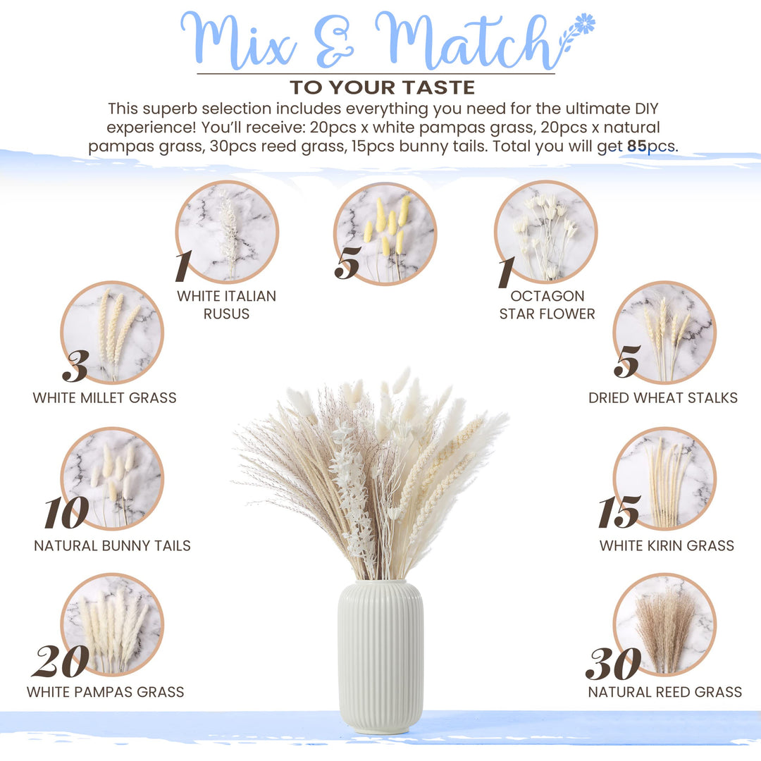 90Pcs Natural Dried Pampas Grass Decor for Boho Home and Wedding,17.3 inch White Pampas Grass with 9 Mixed Dried Grass Plants Bouquet,Natural Reed Grass,Bunny Tails Grass,and Kirin Grass