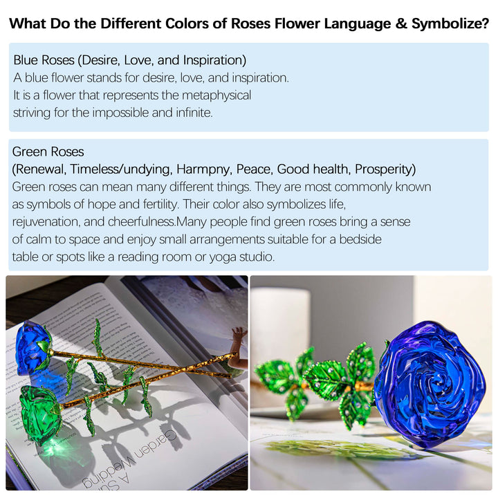 HDCRYSTALGIFTS Crystal Rose Flower Glass Blue and Green