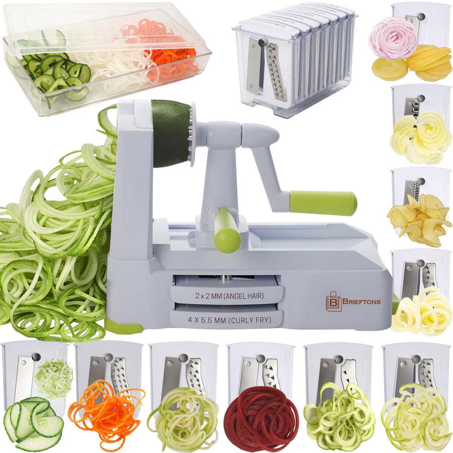 10-Blade Vegetable Spiralizer: Strongest-Heaviest Duty Spiral Slicer, Best Veggie Pasta Spaghetti Maker for Low Carb/Paleo/Gluten-Free, With Container, Lid, Blade Caddy, 4 Recipe Ebooks