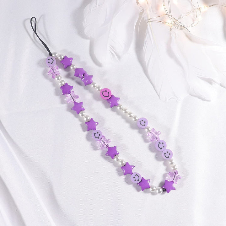Phone Charm Lanyard, 1Pcs Smiley Face Beaded Phone Charm Strap Colorful Star Smiley Soft Ceramic Keychain for Women Girls (Purple)