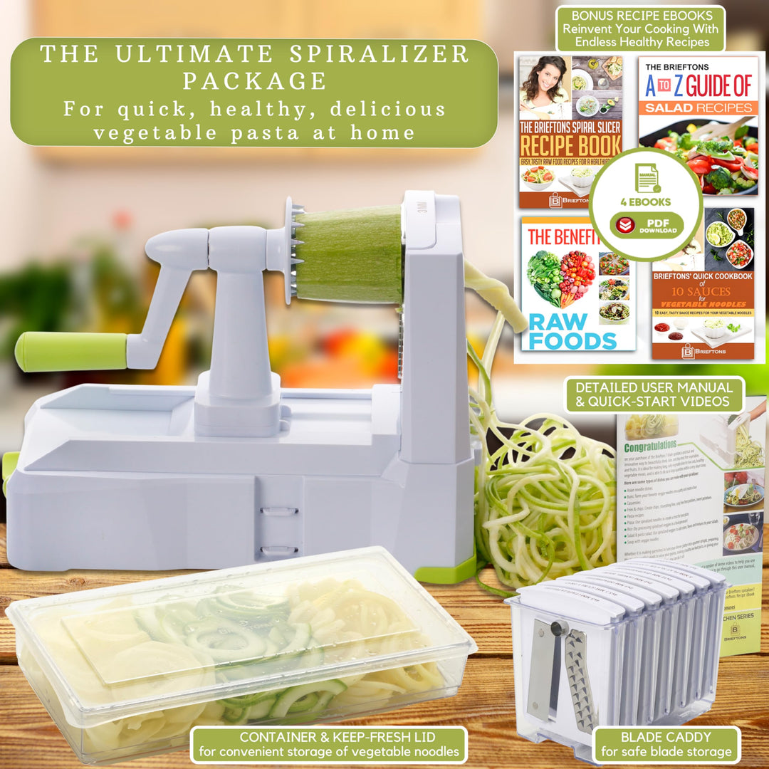 10-Blade Vegetable Spiralizer: Strongest-Heaviest Duty Spiral Slicer, Best Veggie Pasta Spaghetti Maker for Low Carb/Paleo/Gluten-Free, With Container, Lid, Blade Caddy, 4 Recipe Ebooks