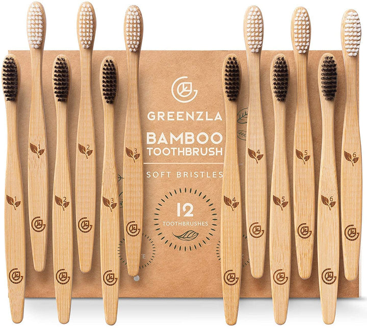 Greenzla Organic Bamboo Toothbrushes, 12 Pack Sturdy BP