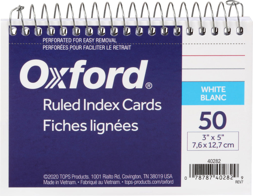 Spiral Ruled Index Cards, 3 x 5 Inches, White, 50 per Pack (40282)