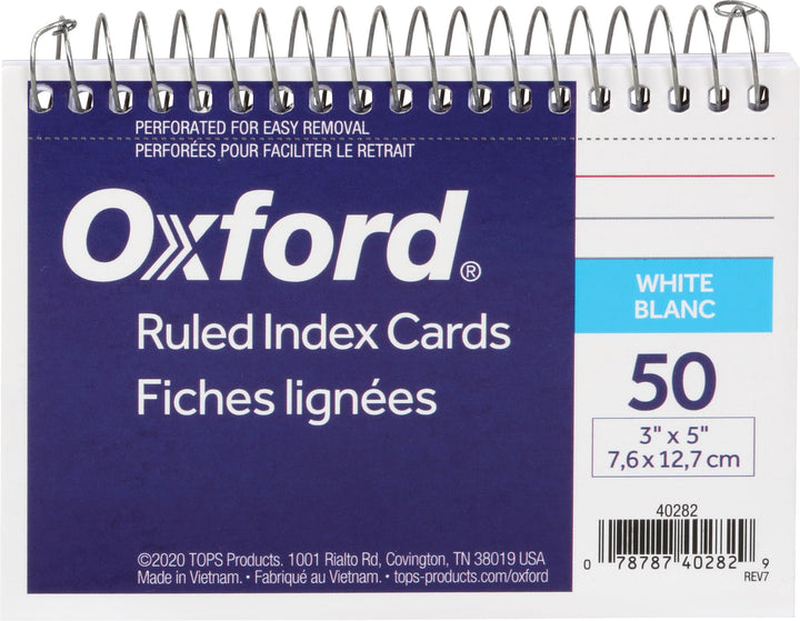 Spiral Ruled Index Cards, 3 x 5 Inches, White, 50 per Pack (40282)