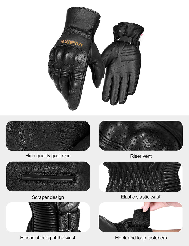Winter Motorcycle Gloves, Cold Weather Thermal Leather Full Finger Motorbike Gloves Black Large