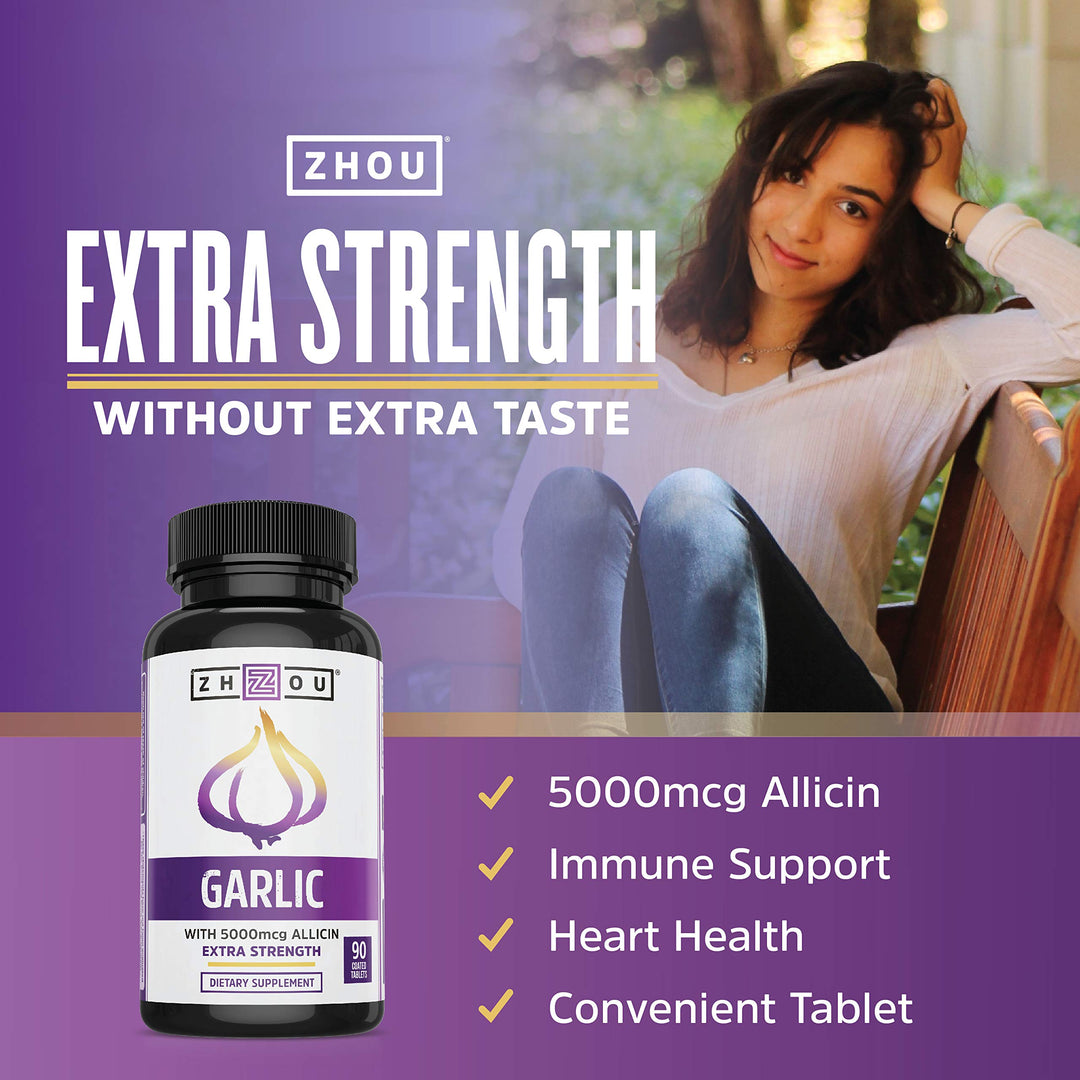 Zhou Nutrition Garlic Supplement With Allicin, Extra Strength 5000mcg Allicin Per Serving, Support Immune System, Blood Pressure And Cholesterol Health, 90 Servings