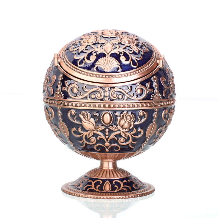 Windproof Ashtray with Lid for Cigarettes Metal Portable Cigar Ashtray Odor Eliminator for Indoor outdoor Hand Stamped Rose Pattern with Sparkle Fancy Gift for Men Women (Navy Blue-Red Copper)