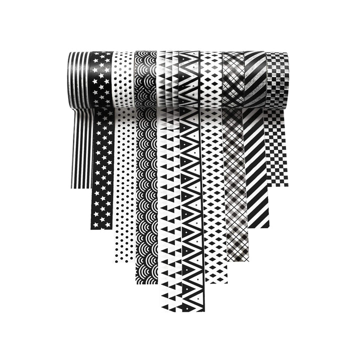 Black Washi Tape for Gift Wrapping and House Decoration (10 Set, Black and White)