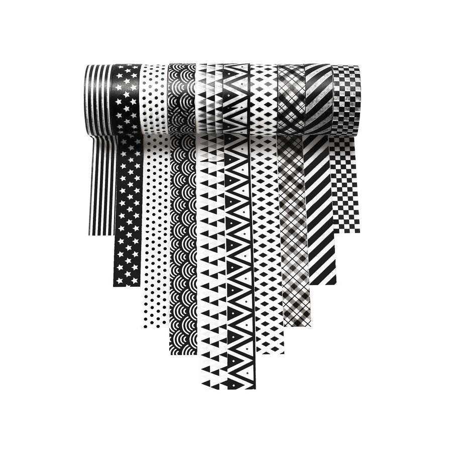 Black Washi Tape for Gift Wrapping and House Decoration (10 Set, Black and White)