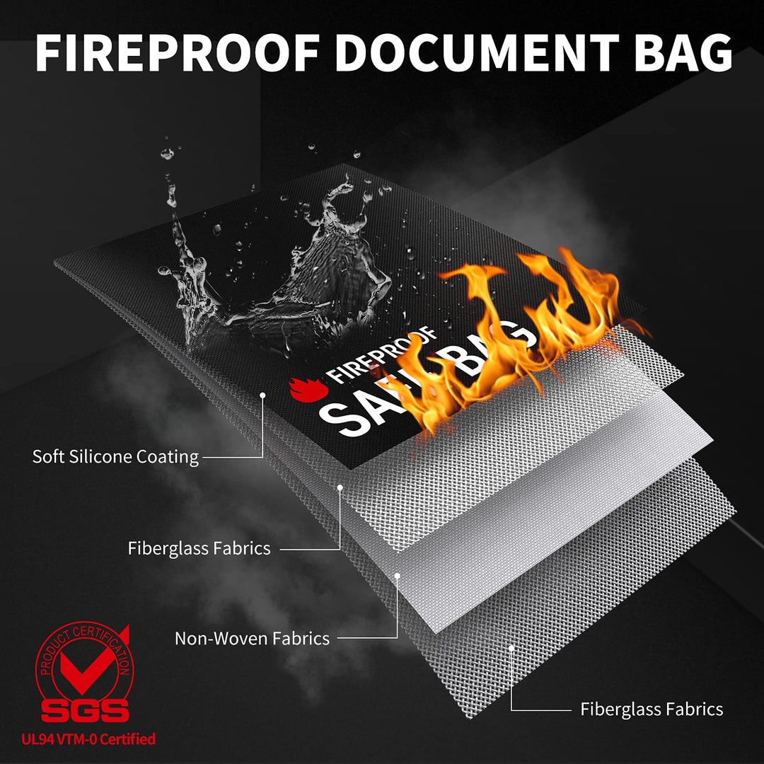 Fireproof Document Bag(2000), 2-Pack, Non-Itchy Silicone Coated Fiberglass Fire and Water Safe Bag with TPU Zipper &amp; Wider Airtight Velcro, Fireproof Bag Pouch for Valuables, Cash and Tablet