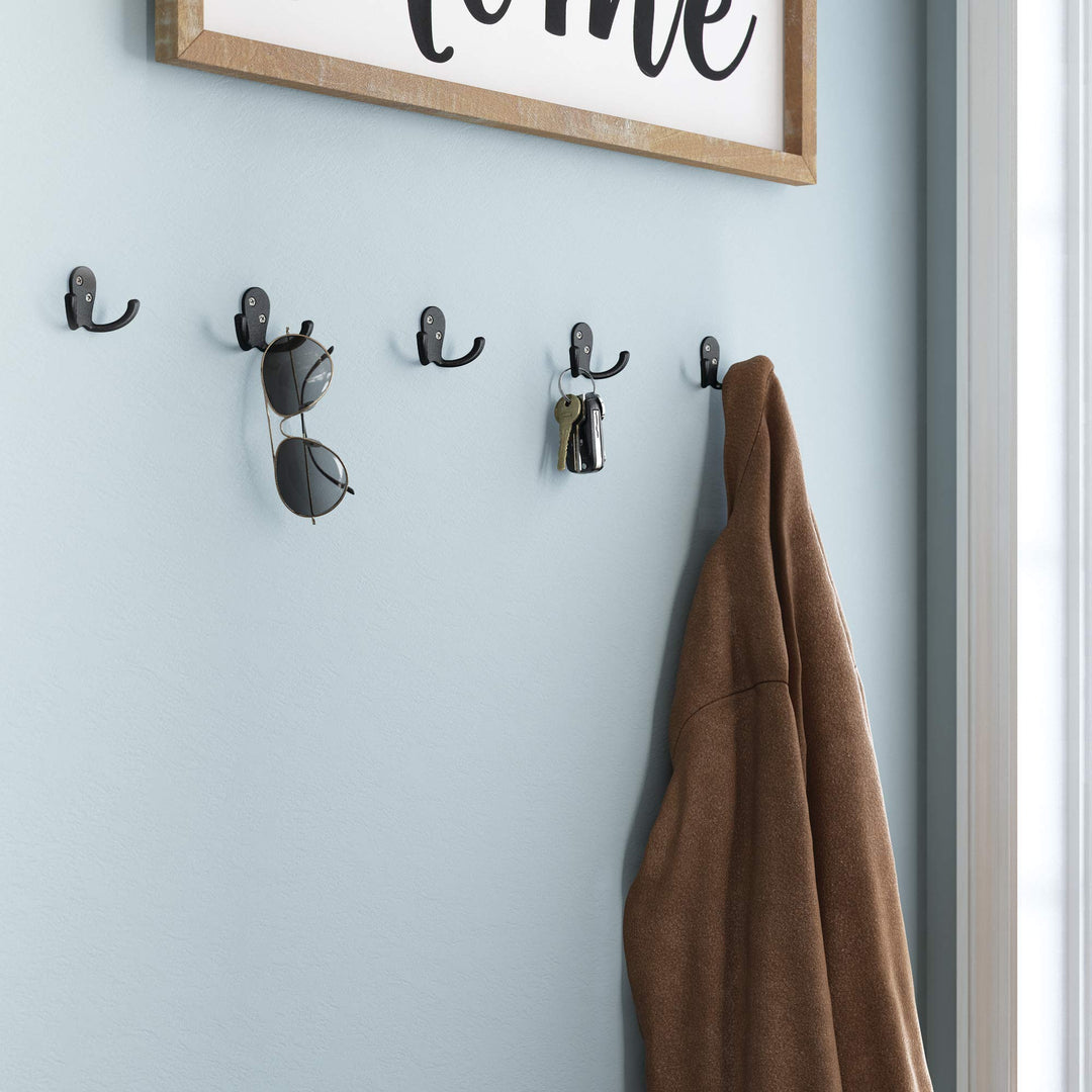 (5-Pack) Double Wall Hooks 2-Prong Coat/Hat Matte Black Hooks for Hanging Wall Mount Hanger Clothes, Purse, Bag, Towel Organization Decorative Wall Hooks B59104M-FB-C