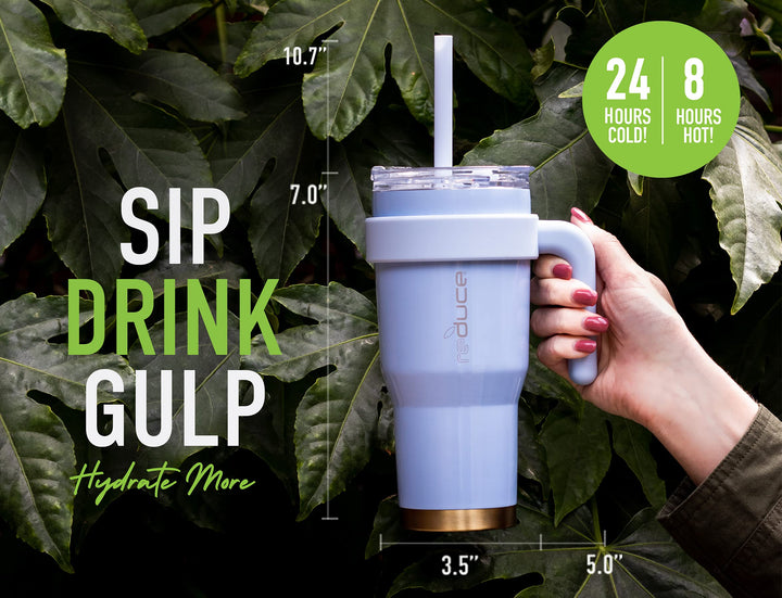 Reduce 24 oz Tumbler with Handle and Straw - Stainless Steel with Sip-It-Your-Way Lid - Keeps Drinks Cold up to 24 Hours - Sweat Proof, Dishwasher Safe, BPA Free - Glacier, Opaque Gloss