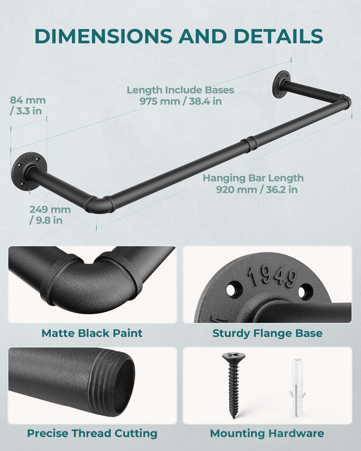 Industrial Pipe Clothing Rack 38.4, Heavy Duty Detachable Wall Mounted Clothes Rack Black Iron Garment Bar, Multi-purpose Hanging Rod for Closet Storage, Black (Two Base)