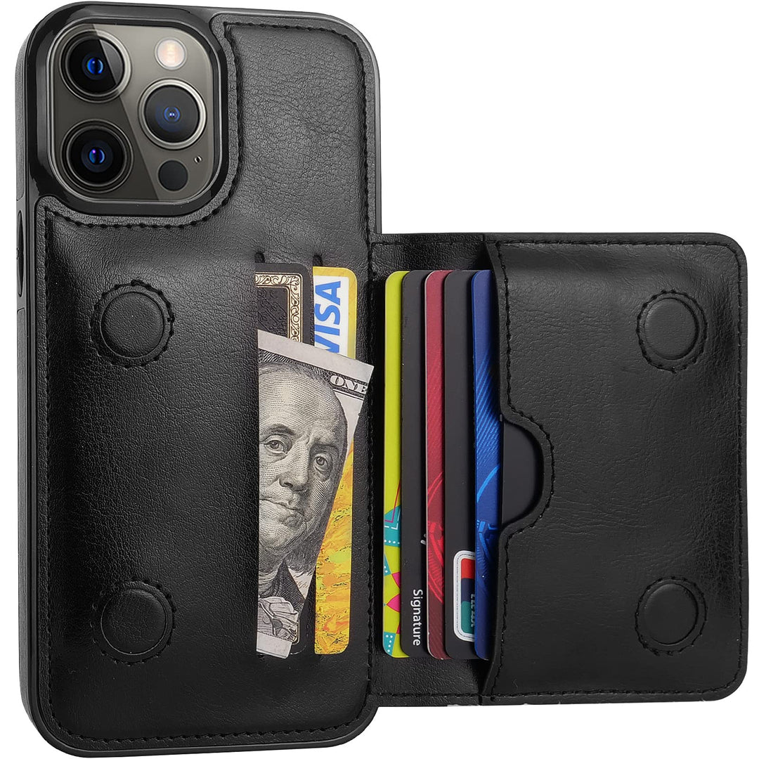 for iPhone 13 Pro Max Wallet Case with Card Holder, Faux Leather Kickstand Card Slots Case, Handmade RFID Blocking Magnetic Shockproof Protective Slim Back Flip Phone Case 6.7 Black