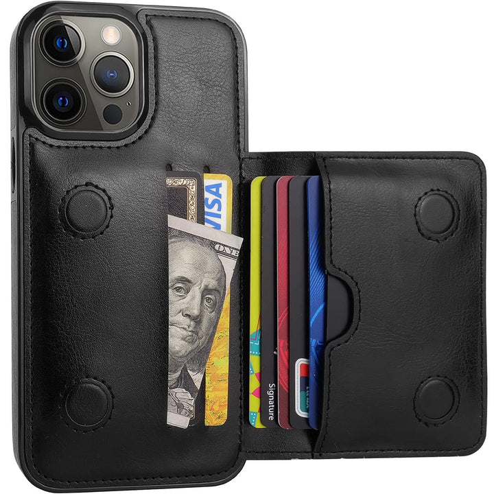 for iPhone 13 Pro Max Wallet Case with Card Holder, Faux Leather Kickstand Card Slots Case, Handmade RFID Blocking Magnetic Shockproof Protective Slim Back Flip Phone Case 6.7 Black
