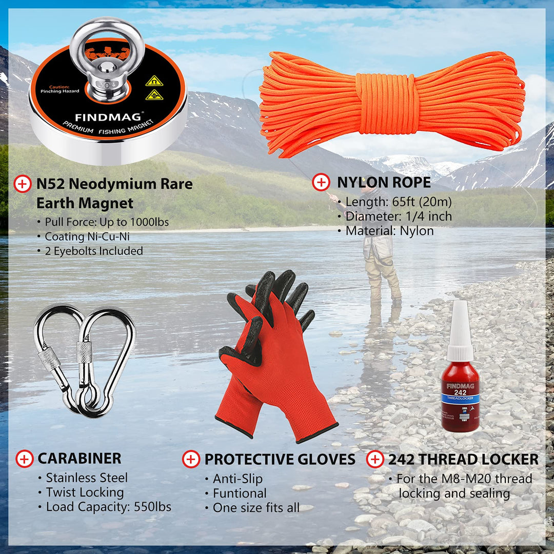 1000 LBS Pulling Force Magnet Fishing Kit Fishing Magnets with Rope, Premum Fishing Magnet Kit for Retrieving in River and Magnet Fishing - 3.54 inch (90 mm) Diameter