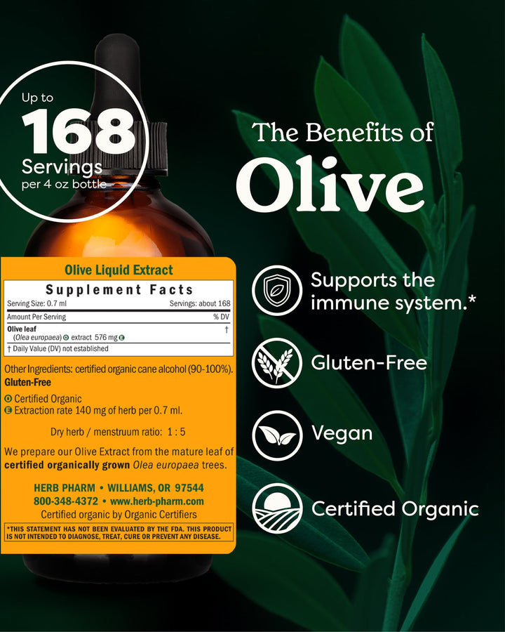 Certified Organic Olive Leaf Liquid Extract for Immune System Support, 4 Fl Oz