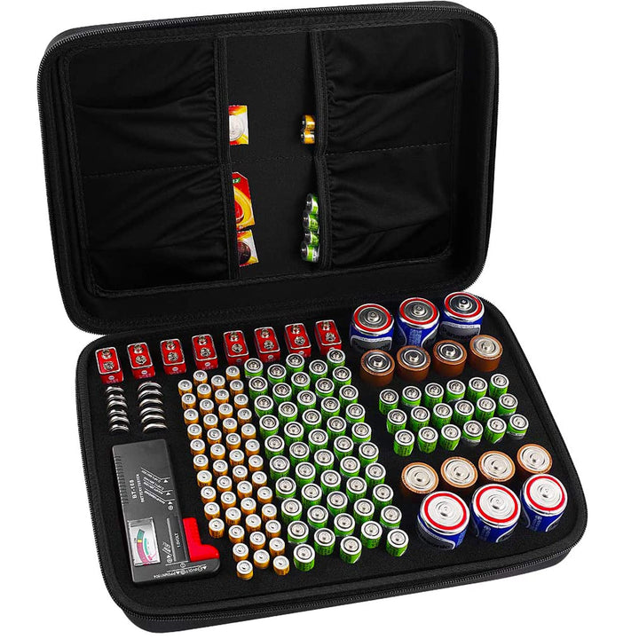 Hard Battery Organizer Storage Box, Carrying Case Bag Holder - Holds 148 Batteries AA AAA C D 9V - with Battery Tester BT-168 (Batteries are Not Included)