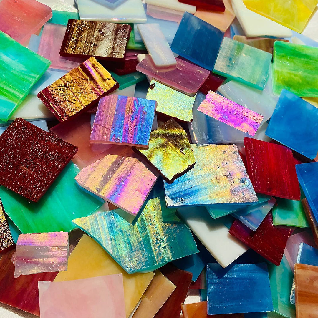 Iridescent Mosaic Glass Pieces Stained Glass Sheet Scraps for Crafts, Mosaic Tiles Supplies Kit, Variety of Rainbow Iridized Colors and Shapes, 35oz Value Pack