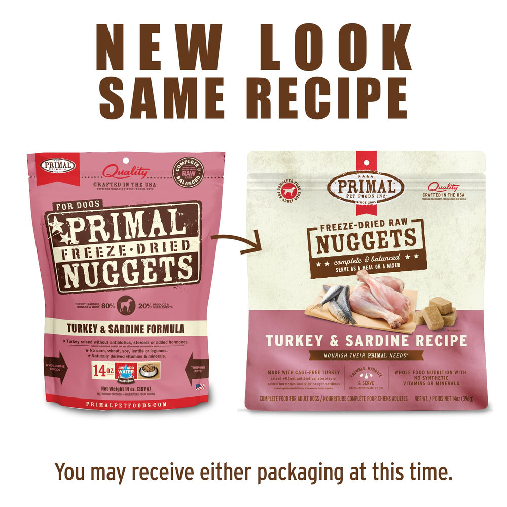 Primal Freeze Dried Raw Dog Food Nuggets, Turkey & Sardine Complete & Balanced Meal, Also Use as Topper or Treat, Premium, Healthy, Grain Free, High Protein Raw Dog Food, 14 oz
