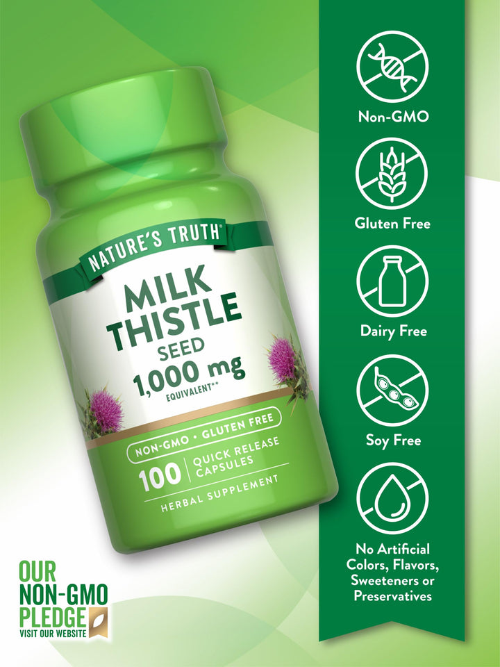 Nature&#39;s Truth Milk Thistle Extract Capsules | 1000mg | 100 Count | Non-GMO &amp; Gluten Free Supplement