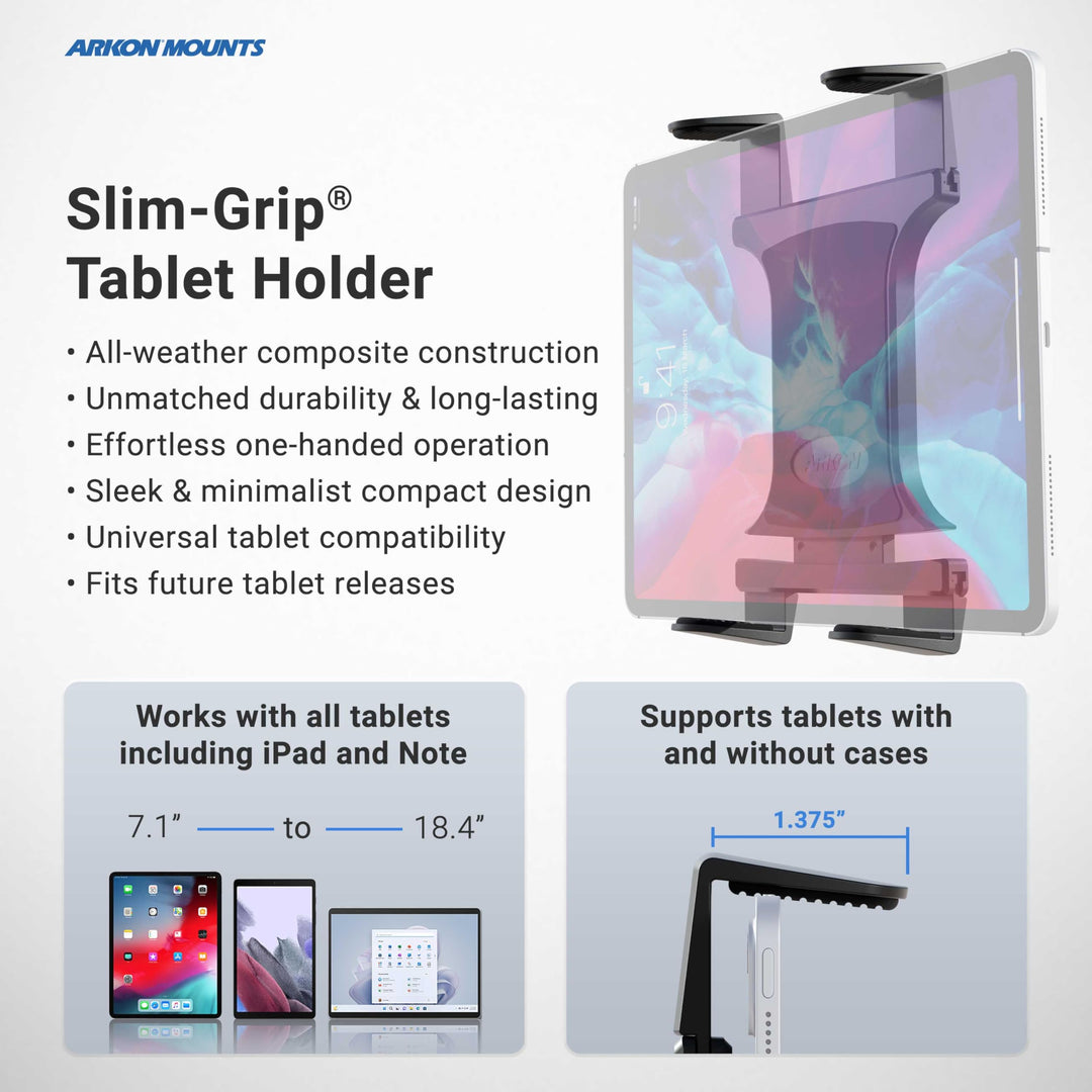 Mounts Slim-Grip Universal Tablet Holder | Grips Devices up to 18.4 in Screen Size | 4-Hole AMPS Pattern Compatible | Fits iPad, Samsung Tab, Google, Surface, and More | TAB001-AMPS