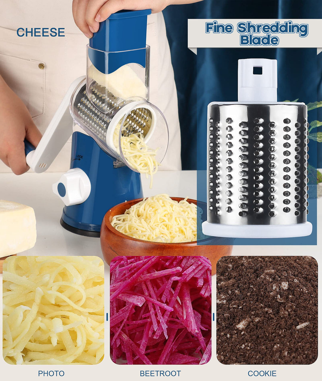 Rotary Cheese Grater Hand Crank, Kitchen Shredder Speed Mandolin Slicer Nut Grinder with Handle and Drum Blades for Cheese, Vegetable, Walnut, Chocolate, Potato, Carrot, 3 Blades, Dark Blue