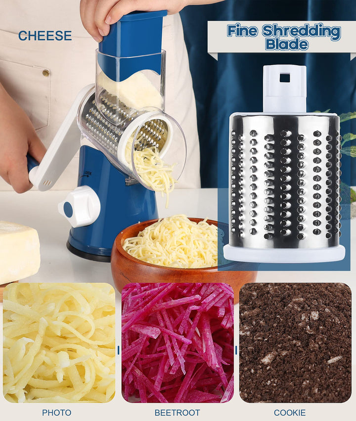 Rotary Cheese Grater Hand Crank, Kitchen Shredder Speed Mandolin Slicer Nut Grinder with Handle and Drum Blades for Cheese, Vegetable, Walnut, Chocolate, Potato, Carrot, 3 Blades, Dark Blue