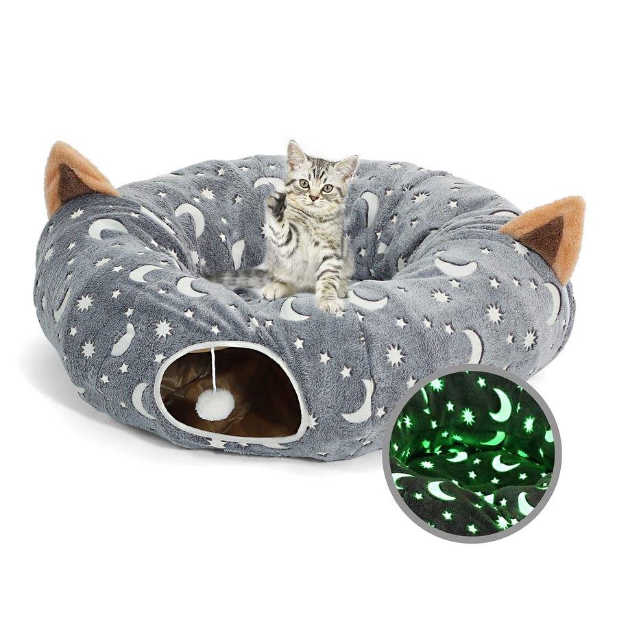 Cat Tunnel Bed Tube with Cushion and Plush Ball Toy Playground Crinkle Collapsible Self-Luminous Flannel Fabric 3FT for Large Cats Kittens Kitty Small Animals Puppy Grey Moon Star