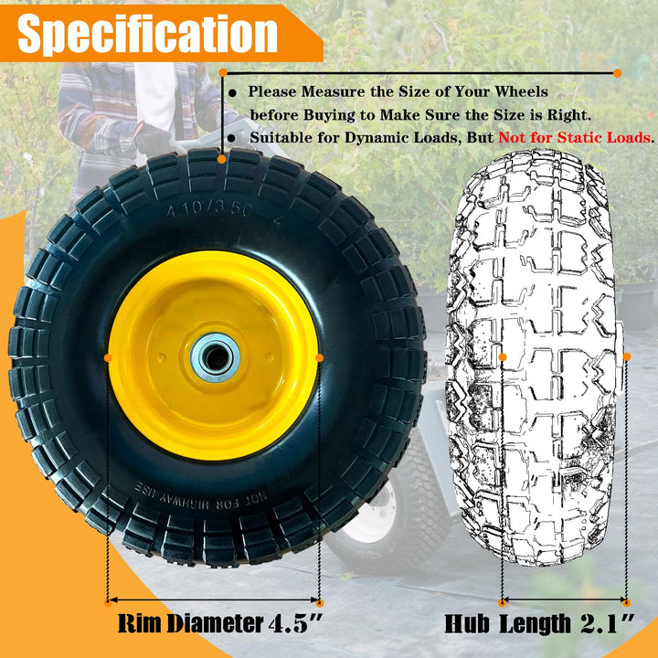 4.10/3.50-4 Tire and Wheel Flat Free,10 Solid Tire Wheel with 5/8 Bearings,2.1Offset Hub,for Garden Carts/Dolly/Trolley/Dump Cart/Hand Truck/Wheelbarrow/Garden Wagon (2 Pack)