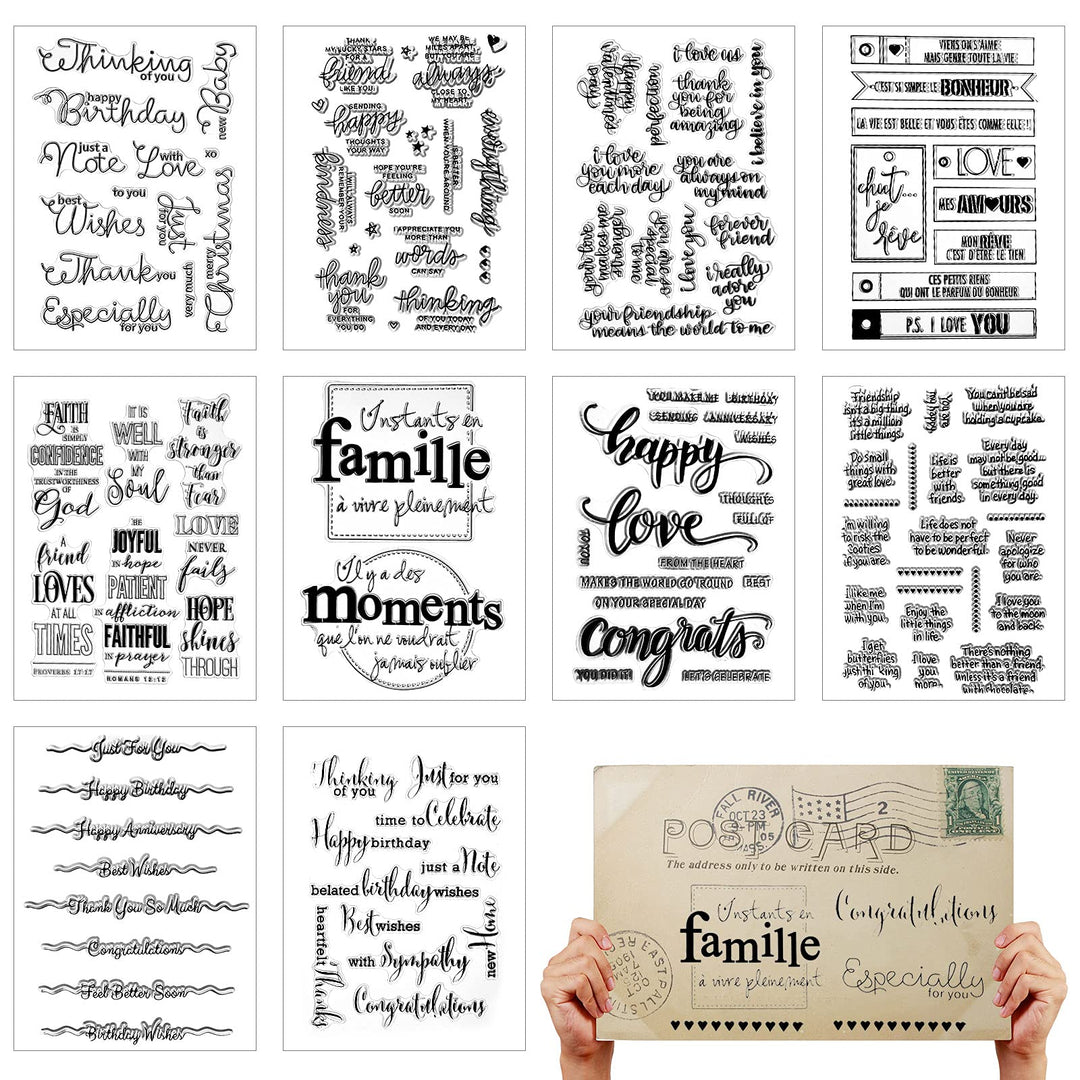 10 Pieces Words Theme Clear Stamps Silicone Stamp Cards Scrapbooking Stamps with Different Sentiments, Greeting Words Patterns for DIY Card Making Embossing Album Decor Crafting