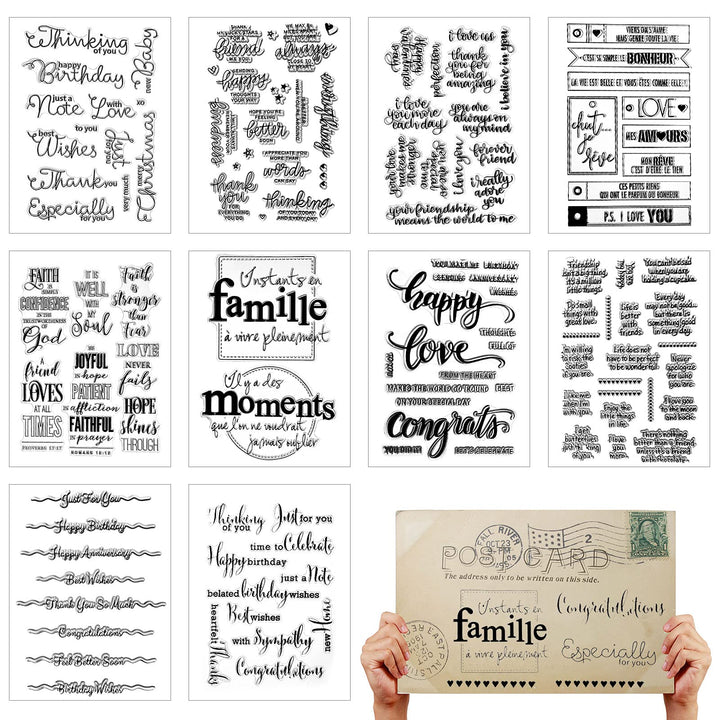 10 Pieces Words Theme Clear Stamps Silicone Stamp Cards Scrapbooking Stamps with Different Sentiments, Greeting Words Patterns for DIY Card Making Embossing Album Decor Crafting