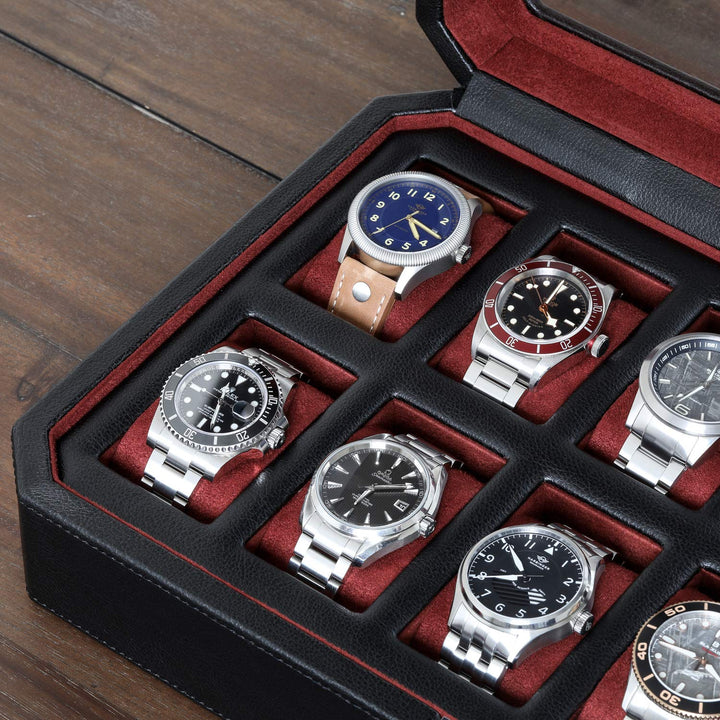 12 Slot Leather Watch Box - Luxury Watch Case Display Organizer, Microsuede Liner, Locking Mens Jewelry Watches Holder, Men&#39;s Storage Boxes Holder Large Glass Top (Black/Red)