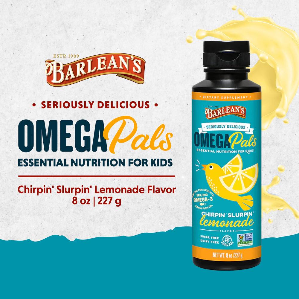 Omega Pals Chirpin' Slurpin' Omega 3 for Kids, Yummy Lemonade Flavored Children's Liquid Fish Oil Supplement with 540 mg of EPA and DHA for Brain and Eye Health, 8 oz