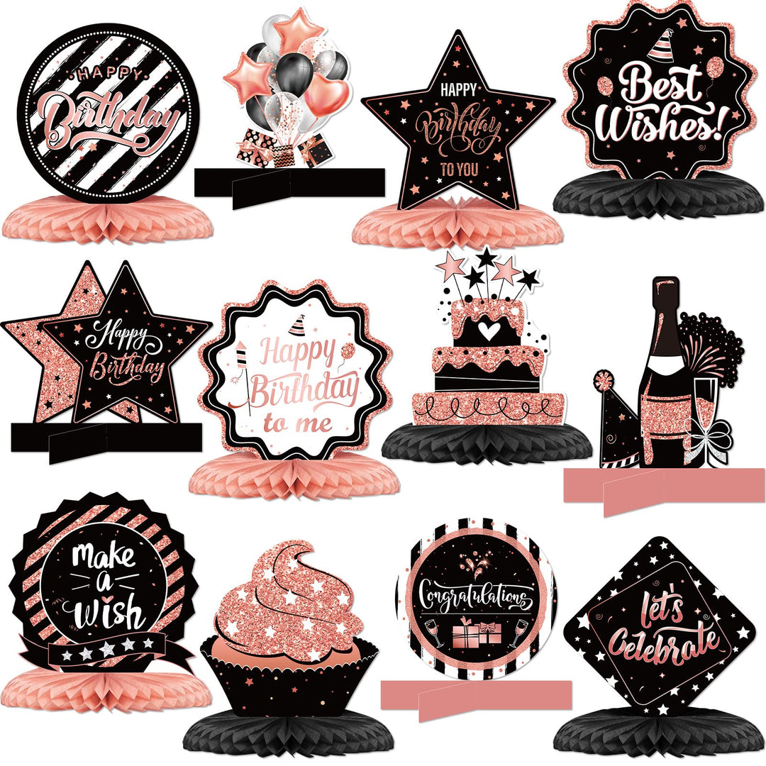12 Pieces Happy Birthday Decorations Birthday Honeycomb Centerpieces for Table Decorations Birthday Honeycomb Table Topper for Women Men Birthday Theme Party Supplies (Rose Gold, Black)