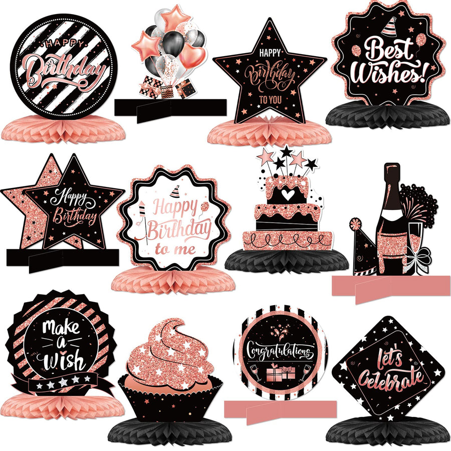 12 Pieces Happy Birthday Decorations Birthday Honeycomb Centerpieces for Table Decorations Birthday Honeycomb Table Topper for Women Men Birthday Theme Party Supplies (Rose Gold, Black)