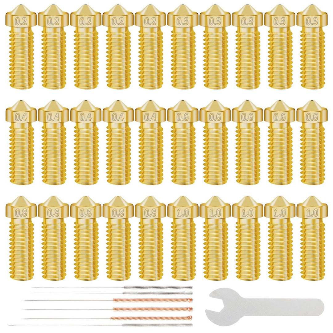 30Pcs/PackE3D M6 Volcano Nozzles 30pcs 3D Printer Brass Nozzles,0.2mm,0.3mm,0.4mm,0.6mm,0.8mm,1.0mm Nozzle Makerbot Creality Ender 3 CR-10 with 6 Needles and Metal Storage Box-Longer